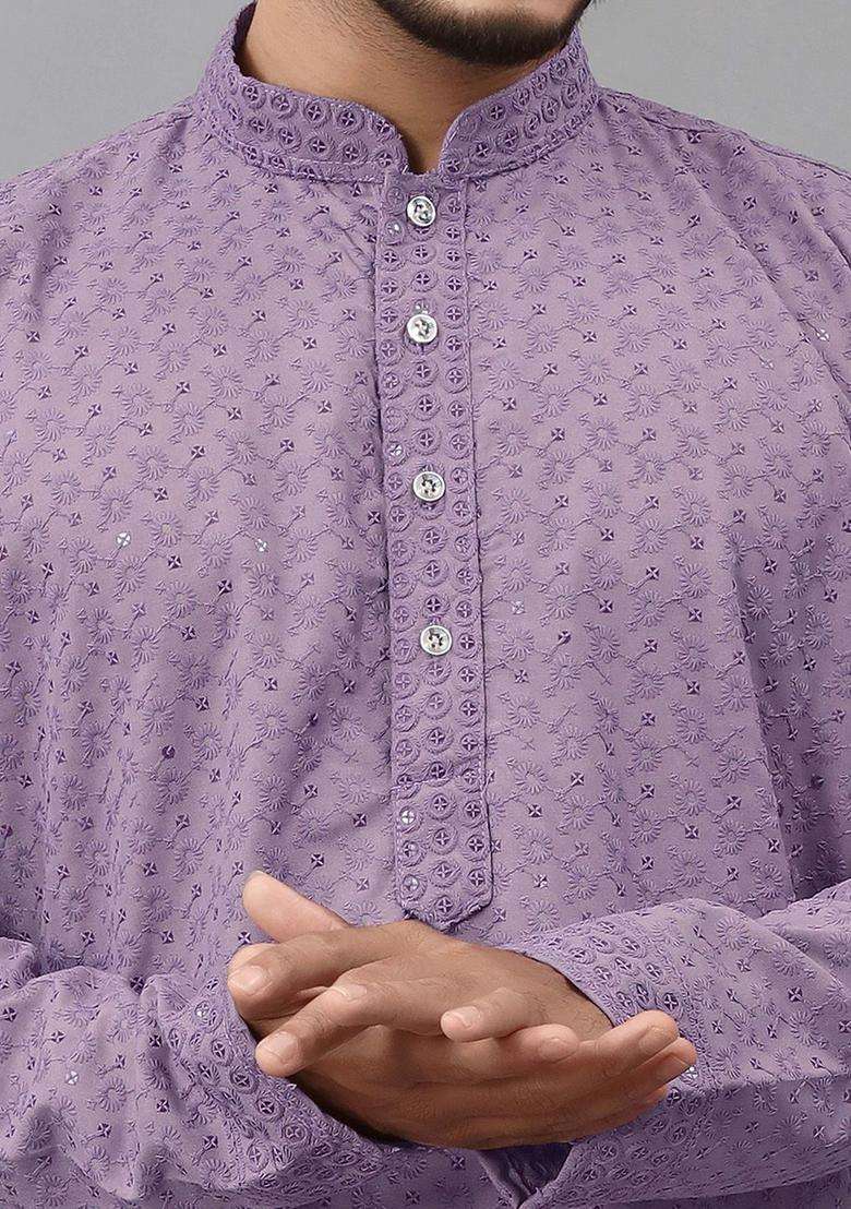 Lavender Embroidered Cotton Kurta Set For Men - Indya