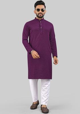Purple Self Design Polyester Kurta Set For Men