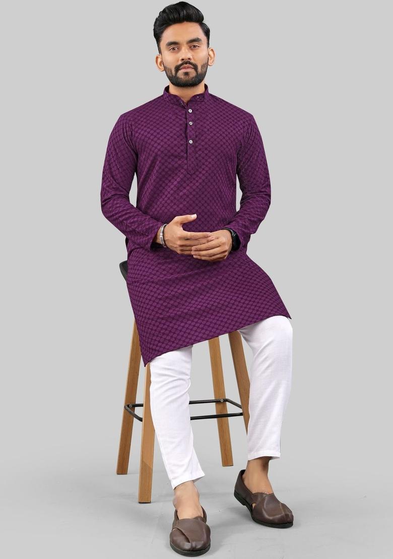 Purple Self Design Polyester Kurta Set For Men - Indya
