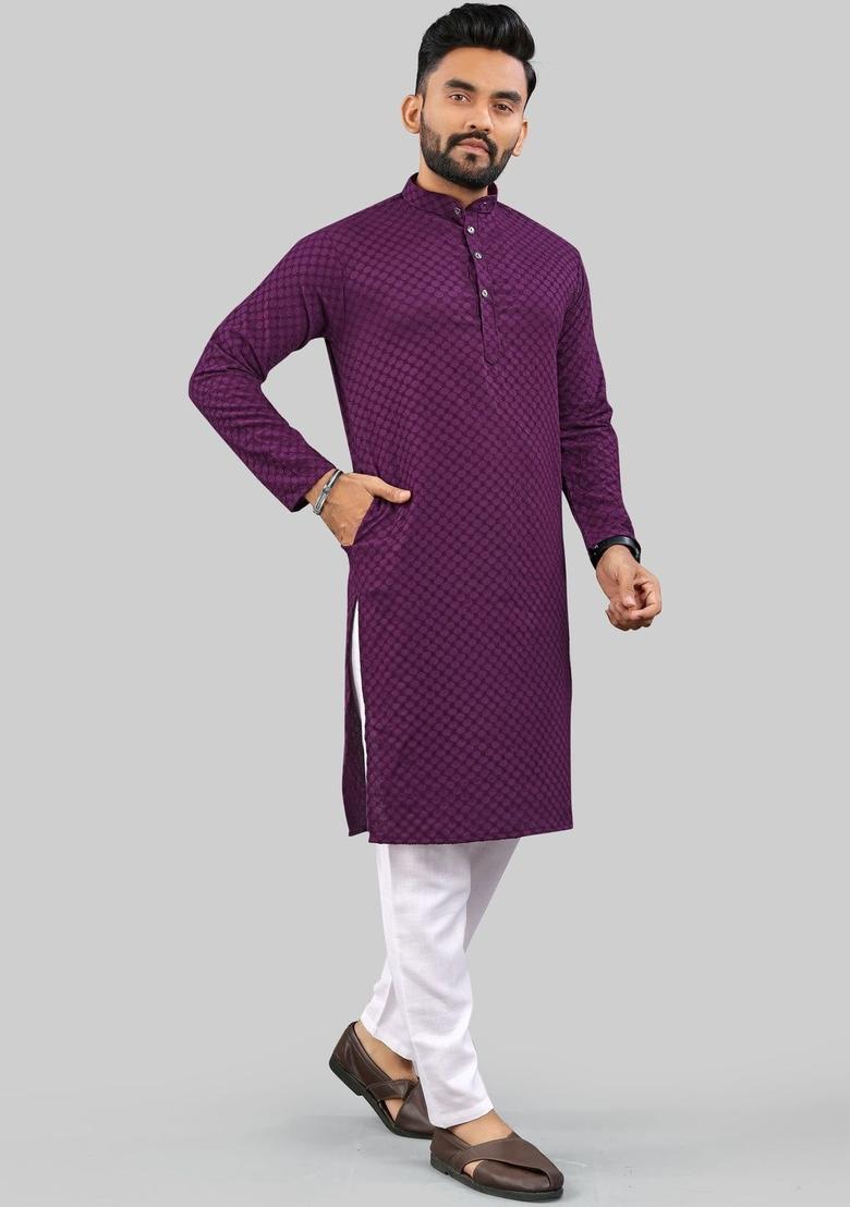 Purple Self Design Polyester Kurta Set For Men - Indya