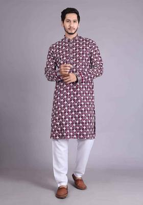 Purple Embroidered Cotton Kurta Set For Men