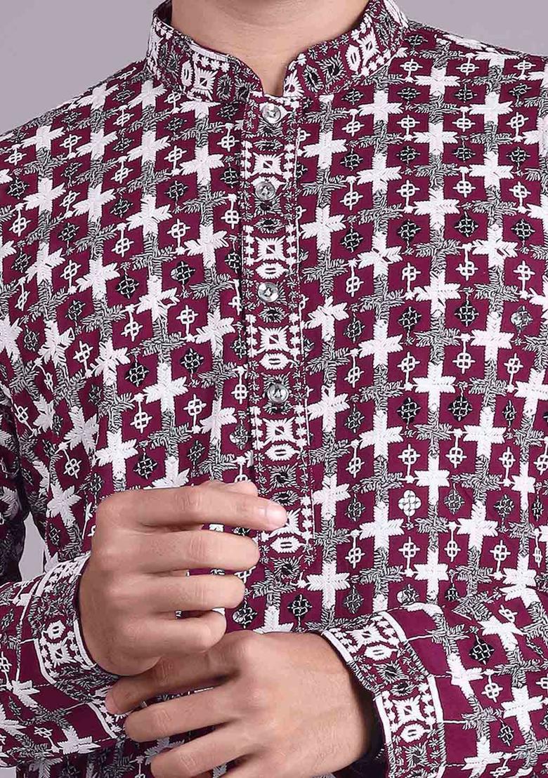 Purple Embroidered Cotton Kurta Set For Men - Indya