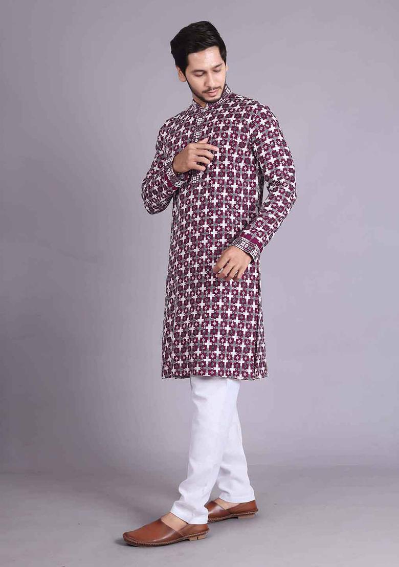 Purple Embroidered Cotton Kurta Set For Men - Indya