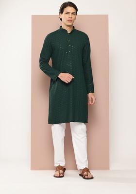 Green Embroidered Viscose Kurta Set For Men