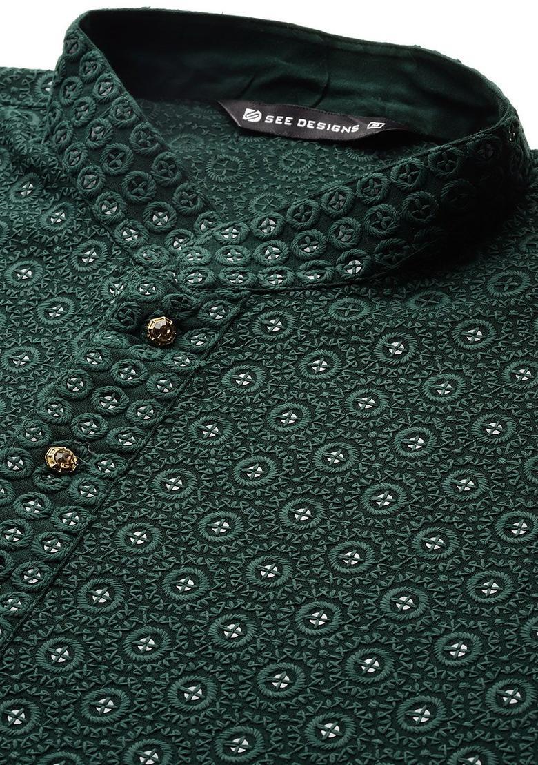 Green Embroidered Viscose Kurta Set For Men - Indya