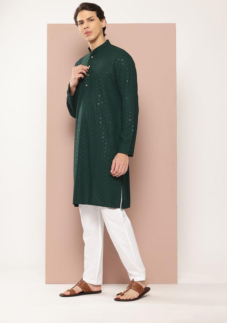 Green Embroidered Viscose Kurta Set For Men - Indya