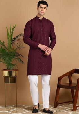 Maroon Self Design Cotton Kurta Set For Men