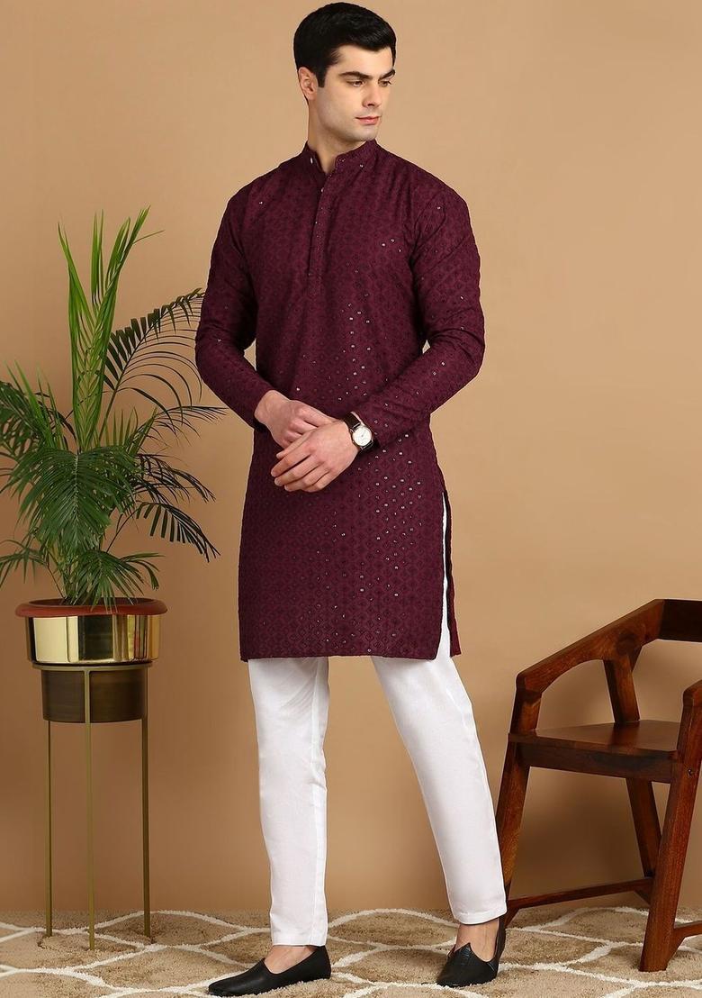 Maroon Self Design Cotton Kurta Set For Men - Indya