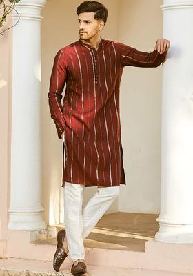 Maroon Striped Silk Kurta Set For Men