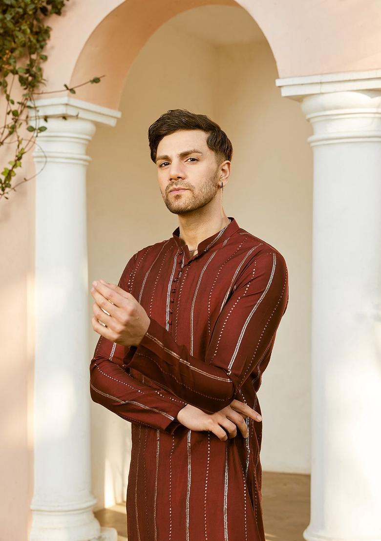 Maroon Striped Silk Kurta Set For Men - Indya