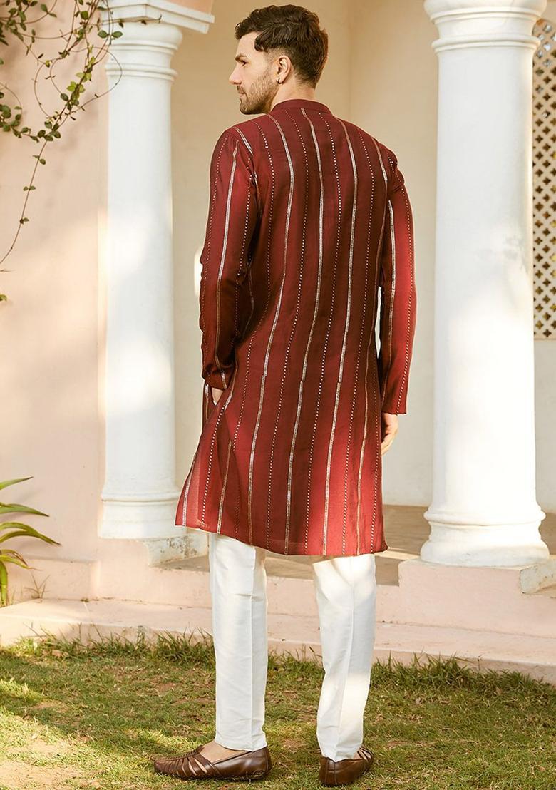 Maroon Striped Silk Kurta Set For Men - Indya