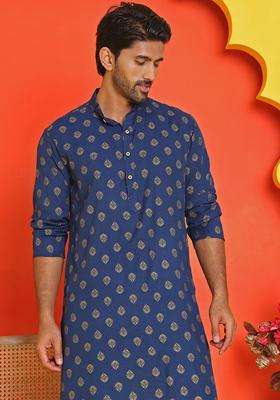 Navy Blue Printed Viscose Kurta Set For Men