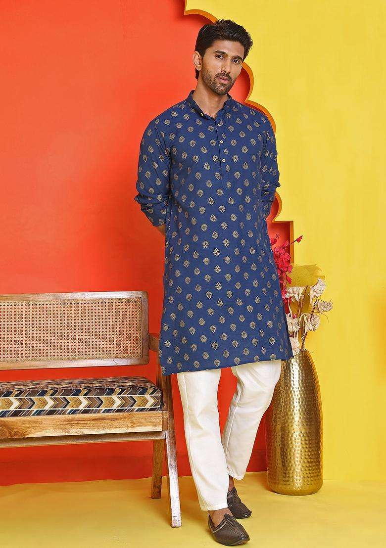Navy Blue Printed Viscose Kurta Set For Men - Indya