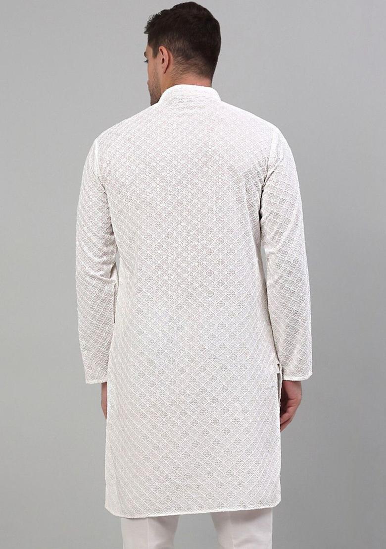 Off White Embroidered Viscose Kurta Set For Men - Indya
