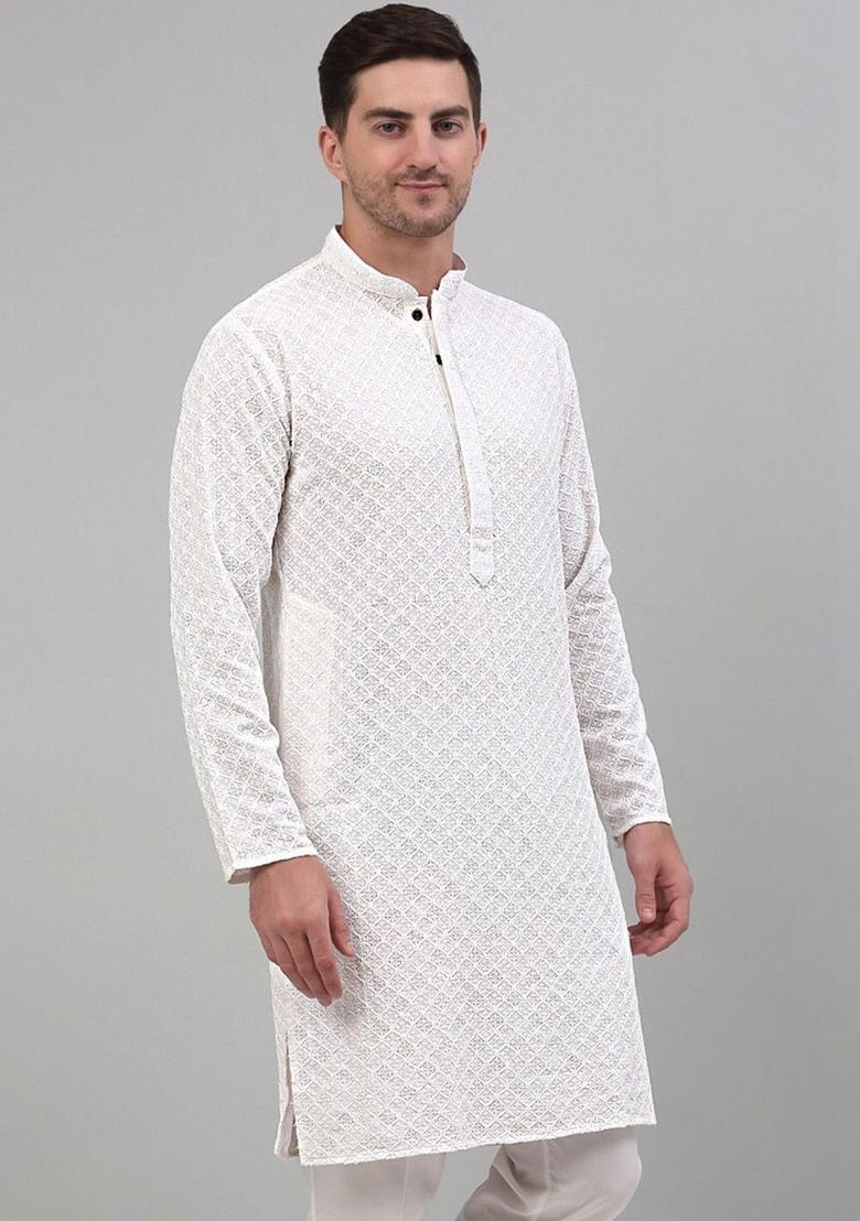 Off White Embroidered Viscose Kurta Set For Men - Indya
