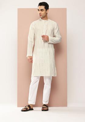 Off White Embroidered Silk Kurta Set For Men