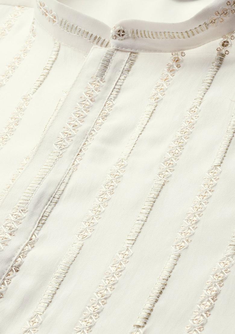 Off White Embroidered Silk Kurta Set For Men - Indya