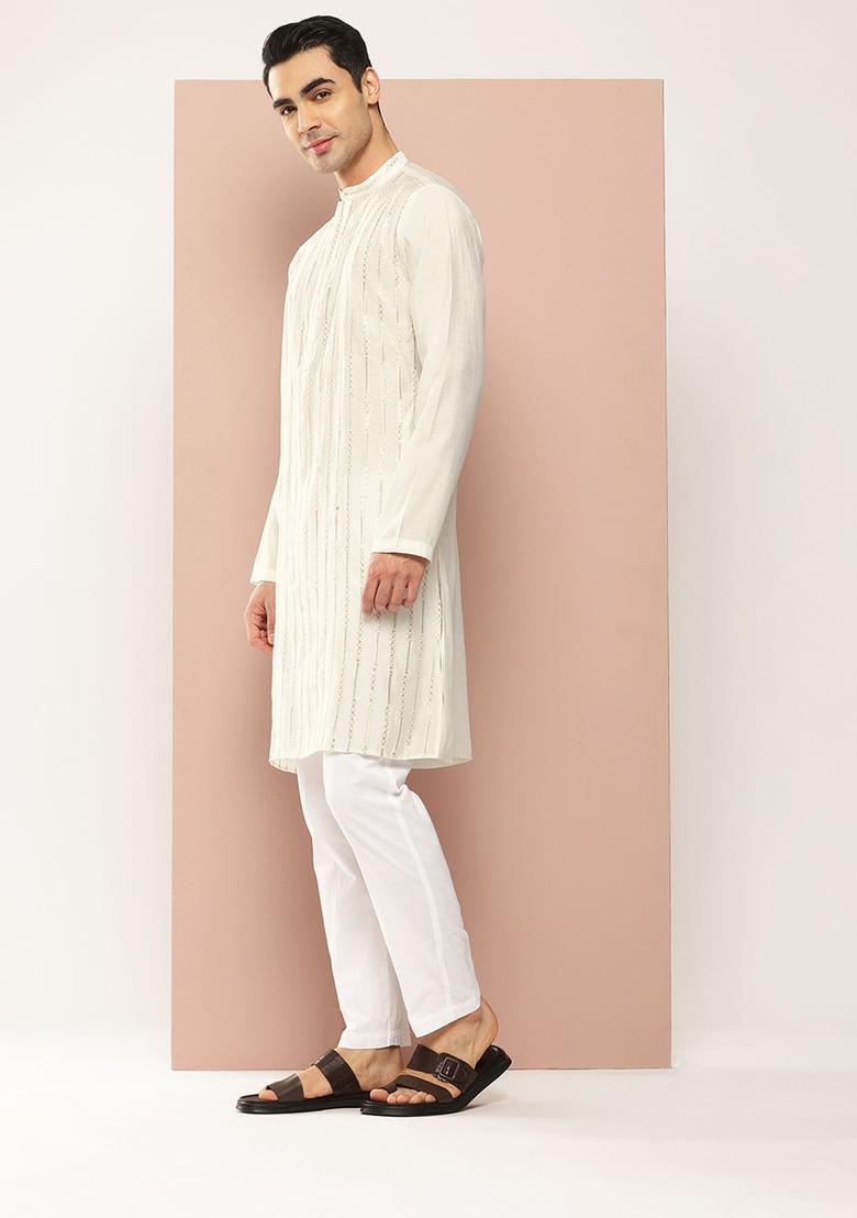 Off White Embroidered Silk Kurta Set For Men - Indya