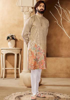 Beige Embroidered Cotton Kurta Set For Men