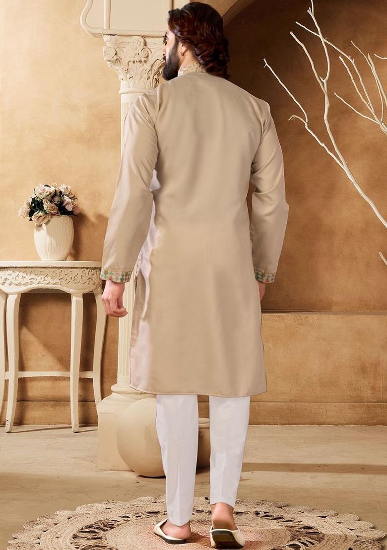 Beige Embroidered Cotton Kurta Set For Men - Indya
