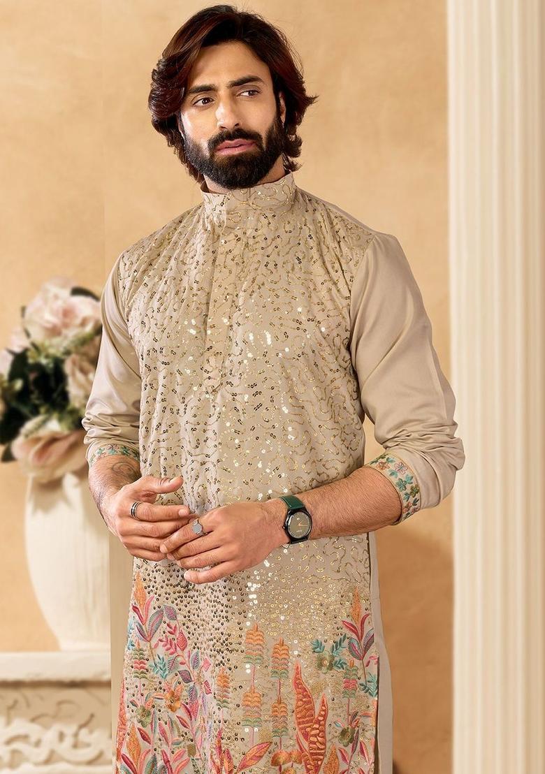 Beige Embroidered Cotton Kurta Set For Men - Indya