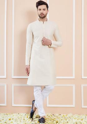 Cream Solid Cotton Kurta Set For Men