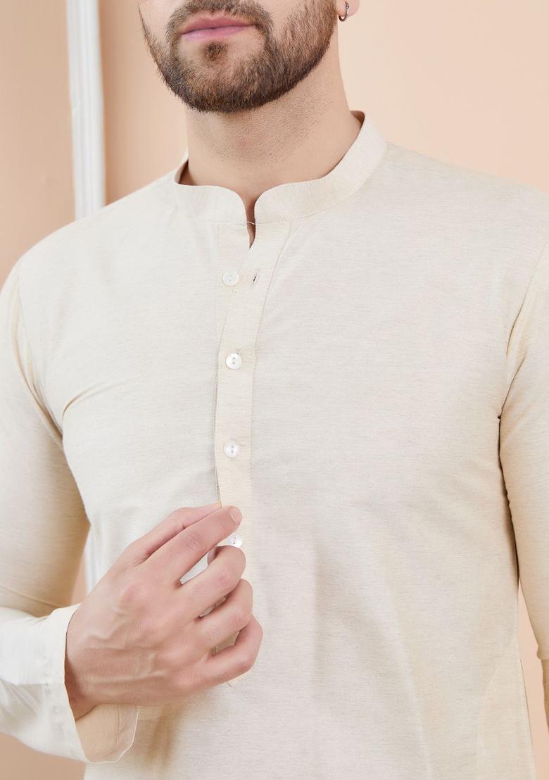Cream Solid Cotton Kurta Set For Men - Indya