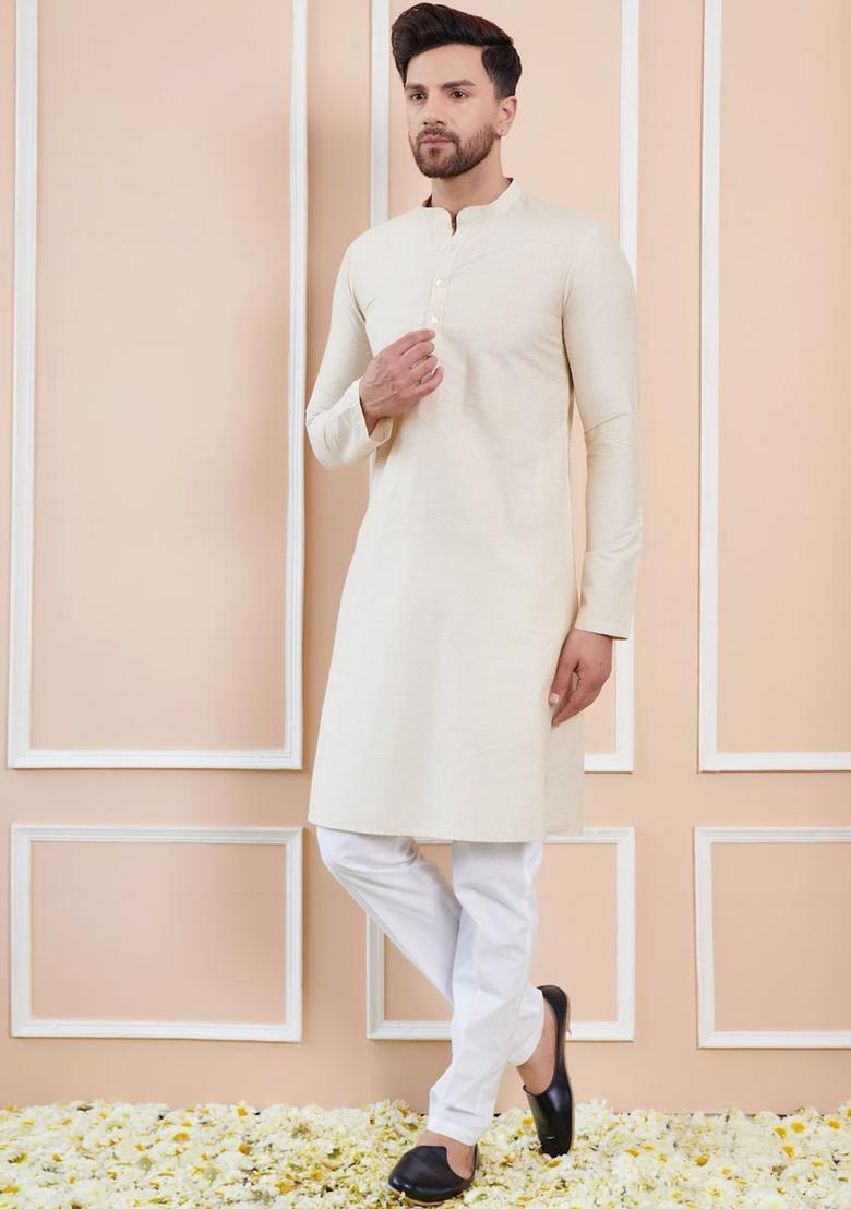 Cream Solid Cotton Kurta Set For Men - Indya