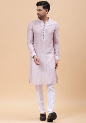 Pink Embroidered Cotton Kurta Set For Men