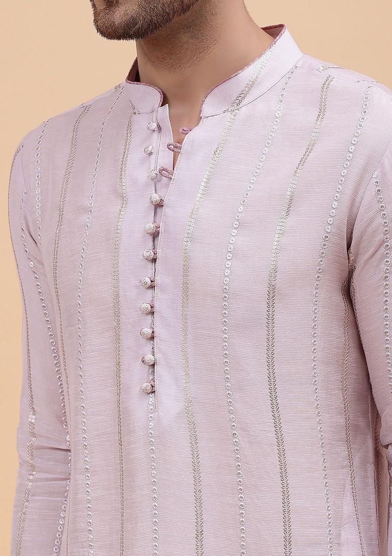 Pink Embroidered Cotton Kurta Set For Men - Indya
