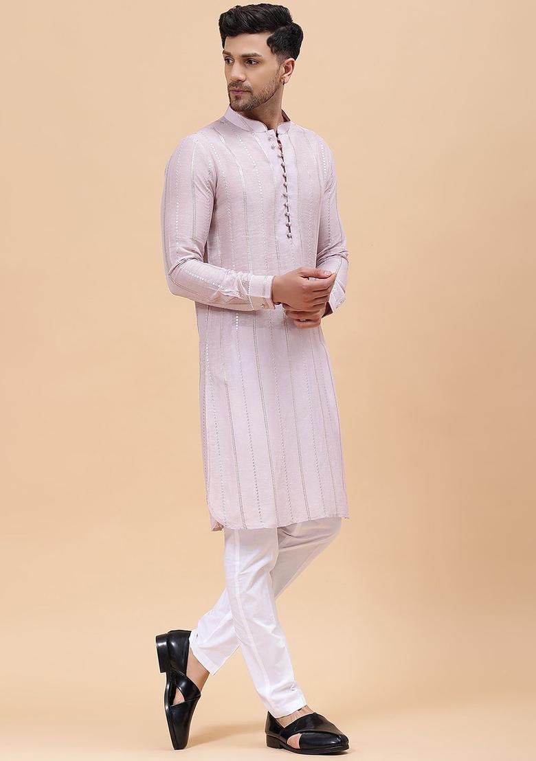 Pink Embroidered Cotton Kurta Set For Men - Indya