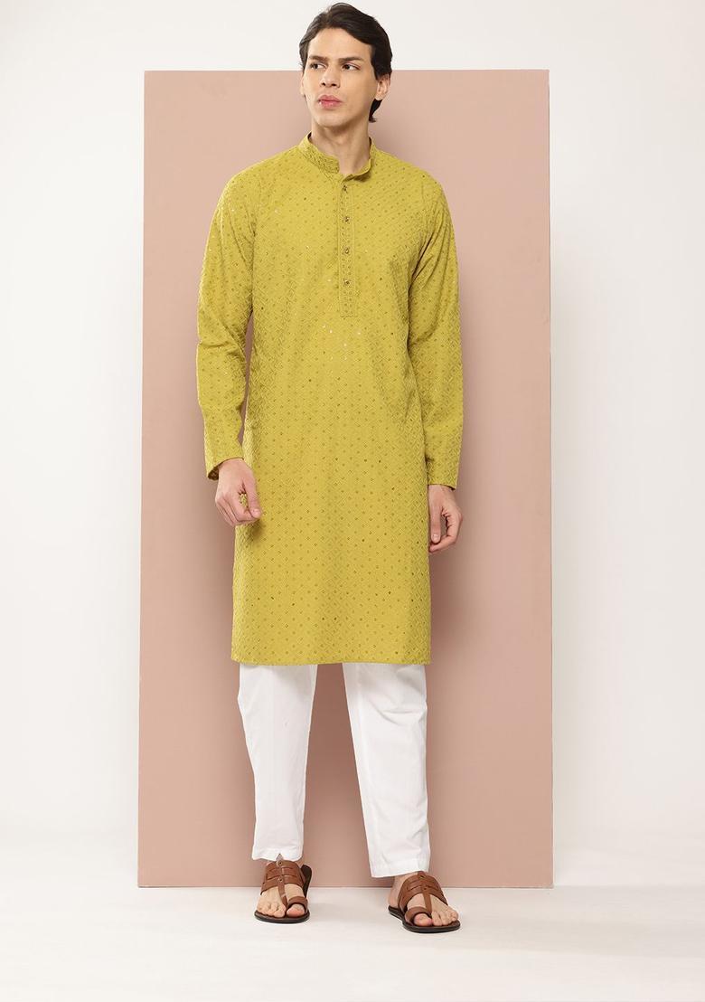 Lime Green Embroidered Viscose Kurta Set For Men - Indya