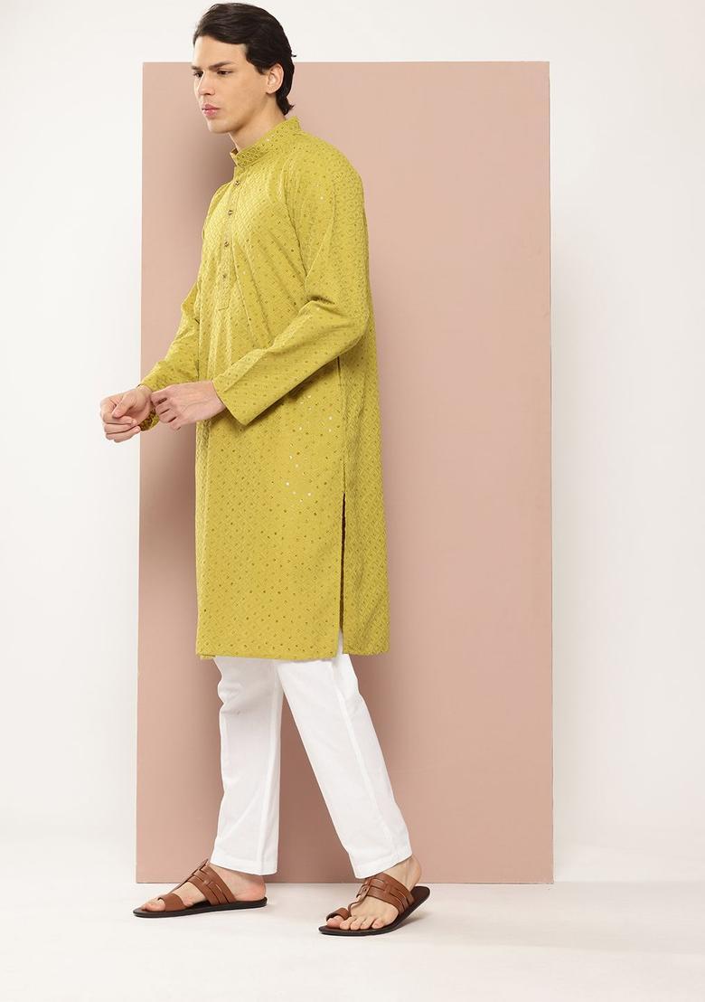 Lime Green Embroidered Viscose Kurta Set For Men - Indya