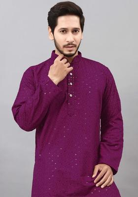 Purple Embroidered Cotton Kurta Set For Men