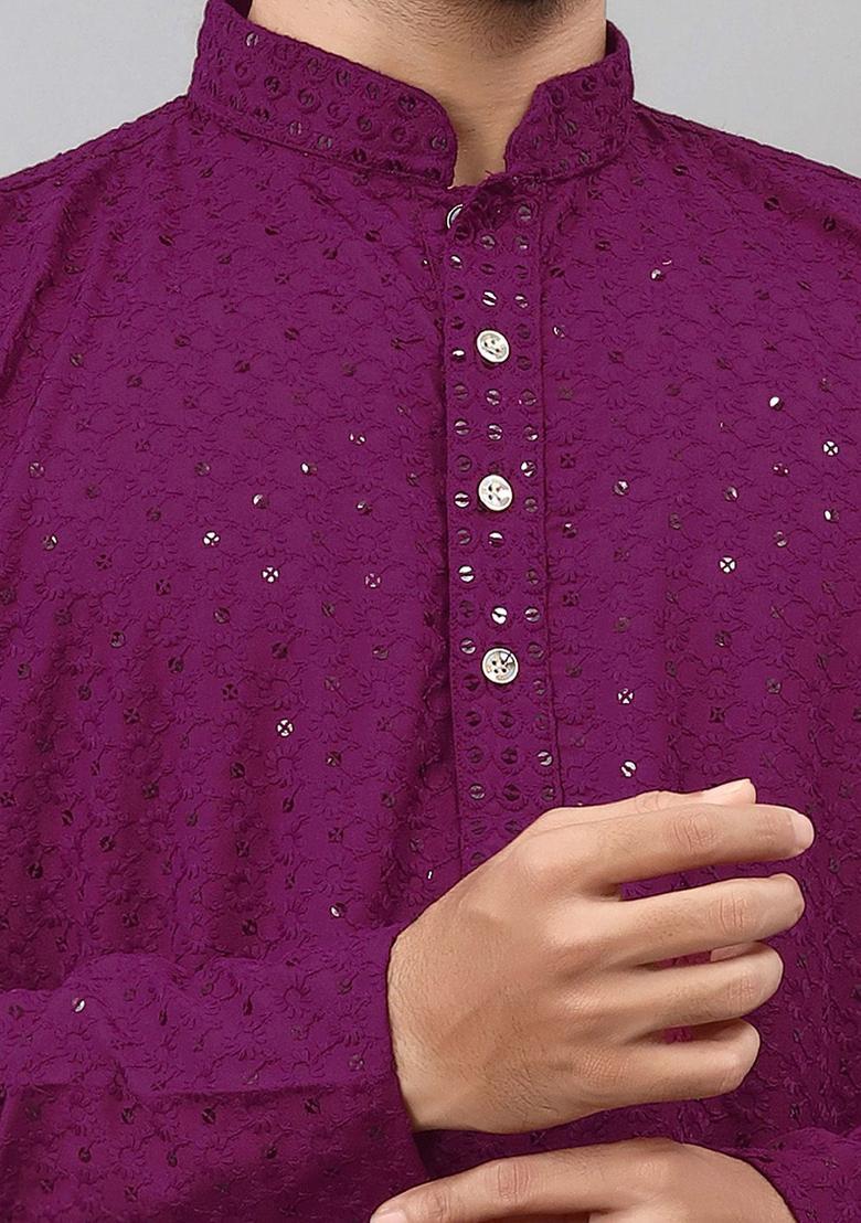 Purple Embroidered Cotton Kurta Set For Men - Indya