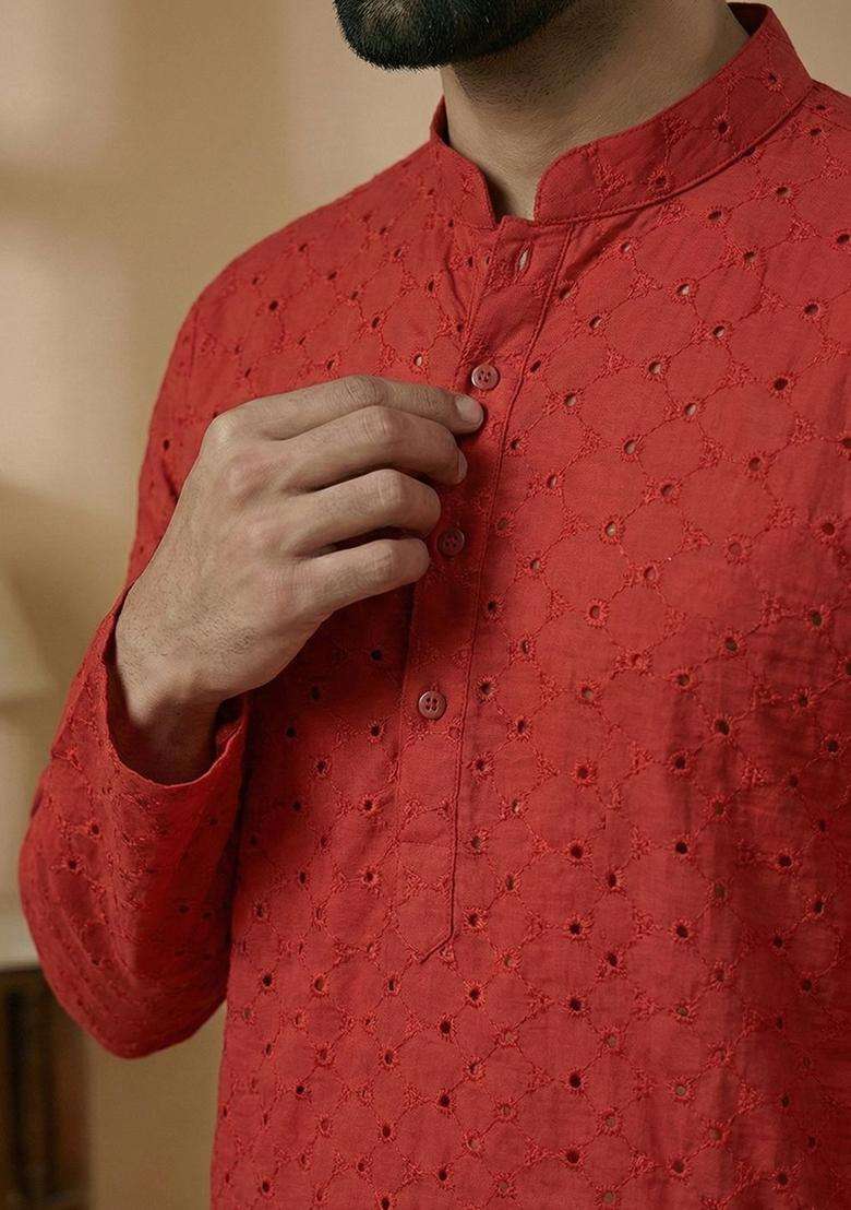 Red Embroidered Cotton Kurta Set For Men - Indya