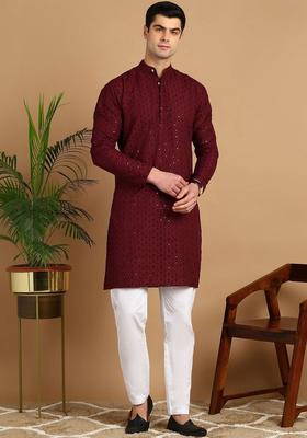 Maroon Embroidered Cotton Kurta Set For Men