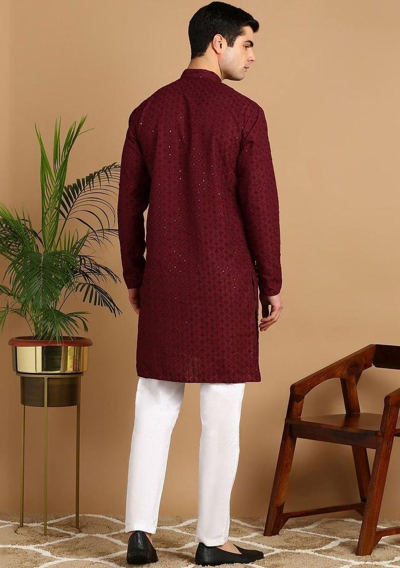 Maroon Embroidered Cotton Kurta Set For Men - Indya