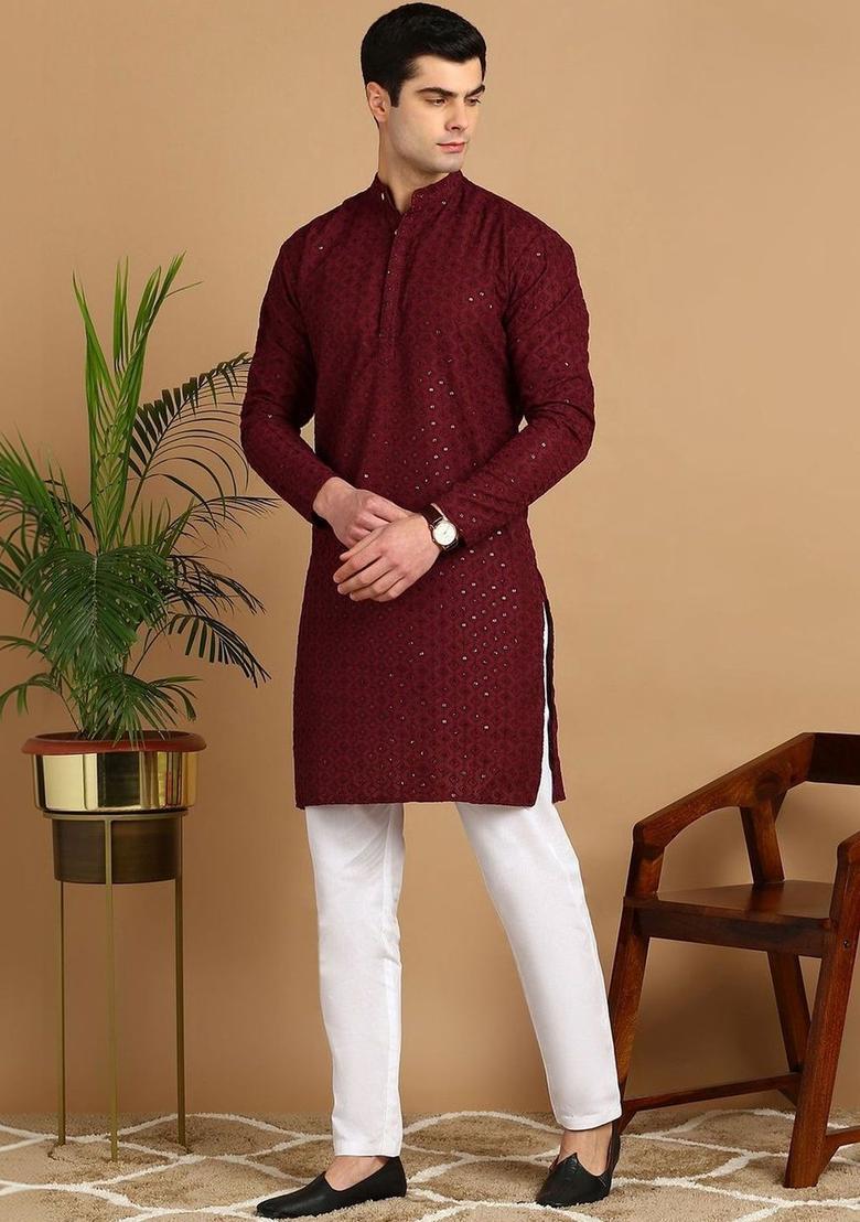 Maroon Embroidered Cotton Kurta Set For Men - Indya