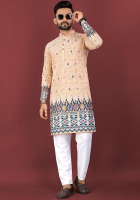 Yellow Printed Viscose Kurta Set For Men