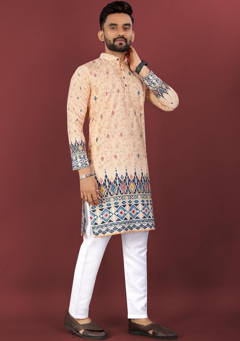Yellow Printed Viscose Kurta Set For Men - Indya