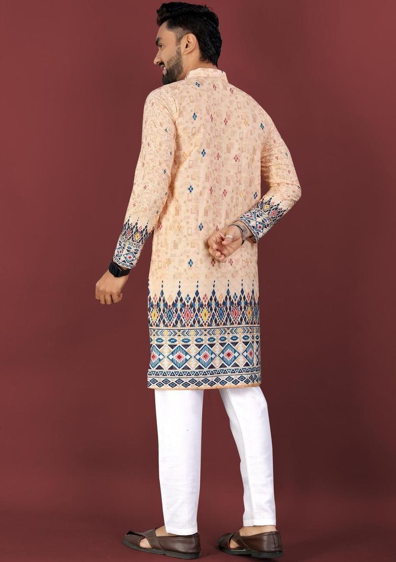 Yellow Printed Viscose Kurta Set For Men - Indya
