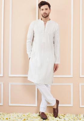 Off White Embroidered Silk Kurta Set For Men