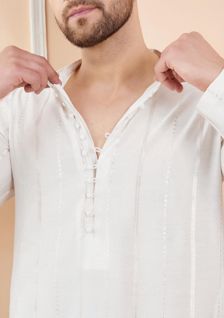Off White Embroidered Silk Kurta Set For Men - Indya