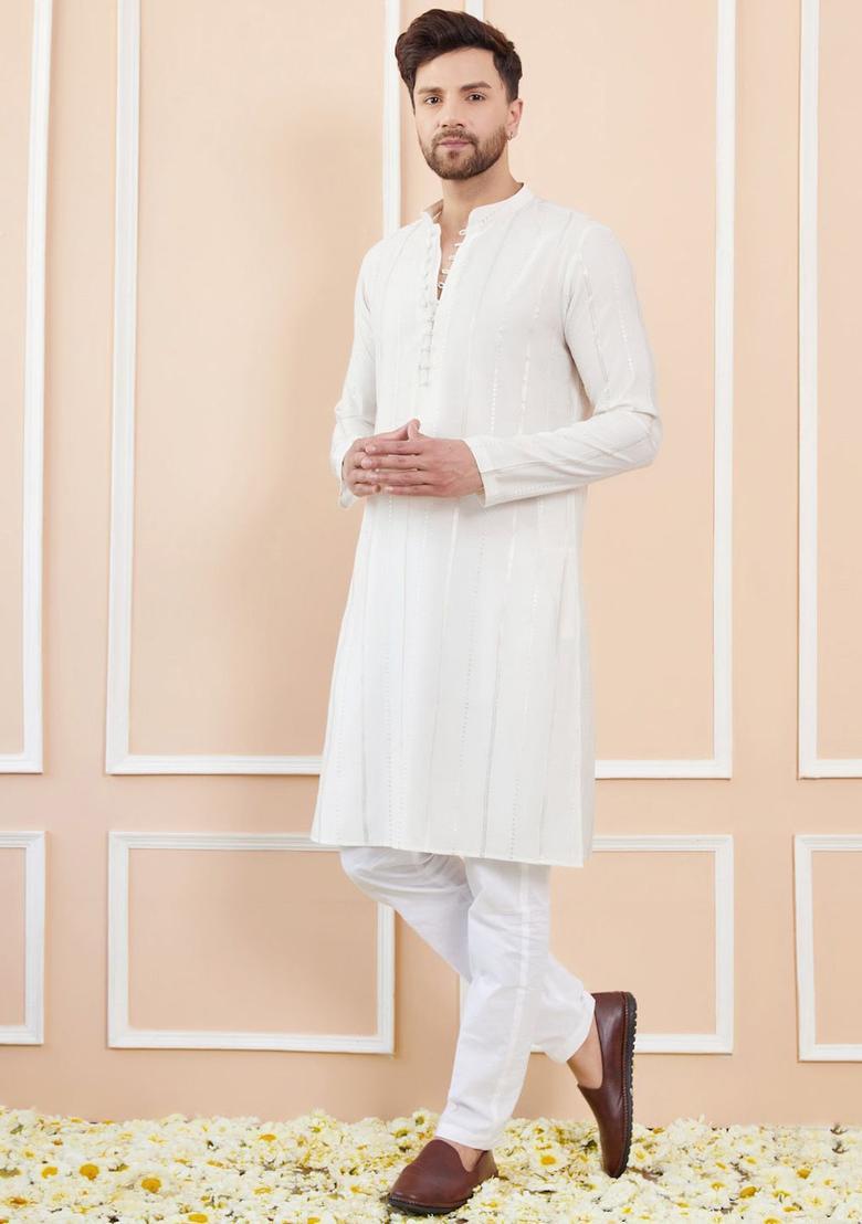 Off White Embroidered Silk Kurta Set For Men - Indya