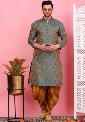 Turquoise Blue Woven Design Silk Kurta Set For Men
