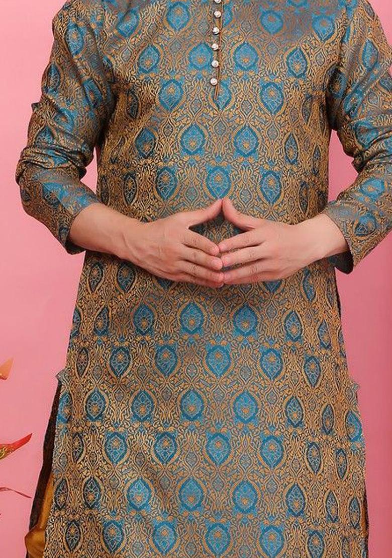 Turquoise Blue Woven Design Silk Kurta Set For Men - Indya