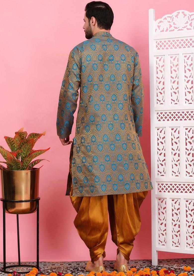 Turquoise Blue Woven Design Silk Kurta Set For Men - Indya