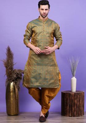Green Woven Design Cotton Kurta Set For Men