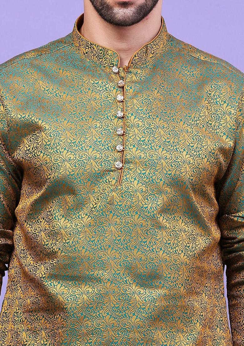 Green Woven Design Cotton Kurta Set For Men - Indya
